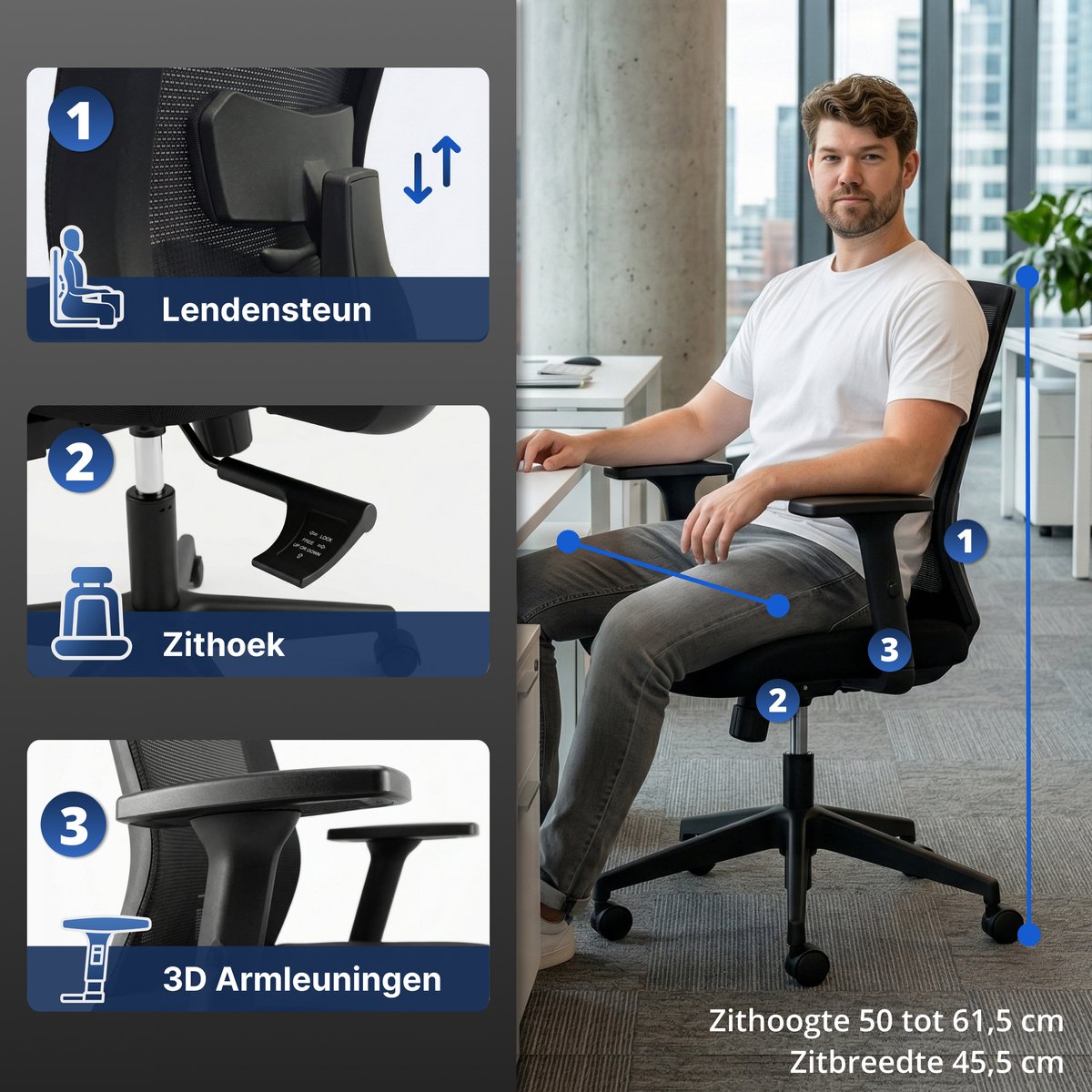 Backerz Low Mesh Bureaustoel Zwart - 51 cm Zitdiepte - Ergonomisch - Tot 140 kg