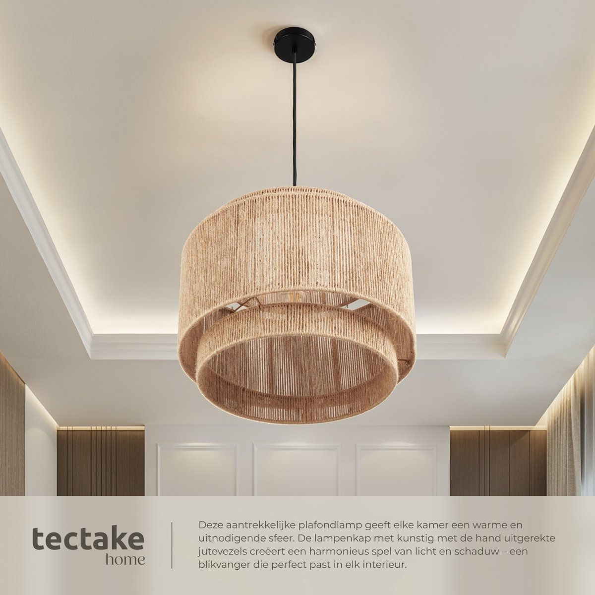 tectake® Plafondlamp Lignea Lux - Boho Hanglamp - Jute Natuur - Ø46 x 32 cm - 40W