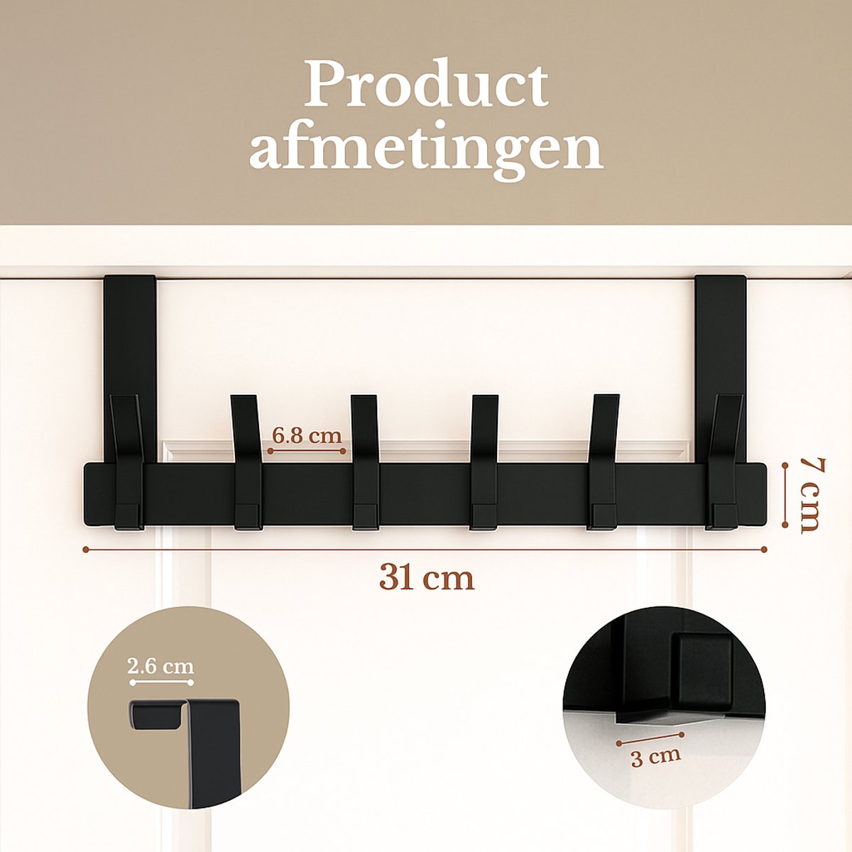 O’DADDY® Deurkapstok - 6 Haken - Deurhaak - Deurhanger - Deur kapstok hangend - Ophanghaak - Bevestiging met 3M Tape - Industrieel Design - Zwart