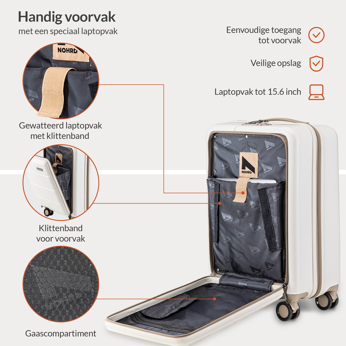 Nohrd Handbagage Koffer 35 L - Spinner Wielen - Trolley Lichtgewicht - Dubbel TSA Slot - Reiskoffer - Handig Voorvak - Ivoor