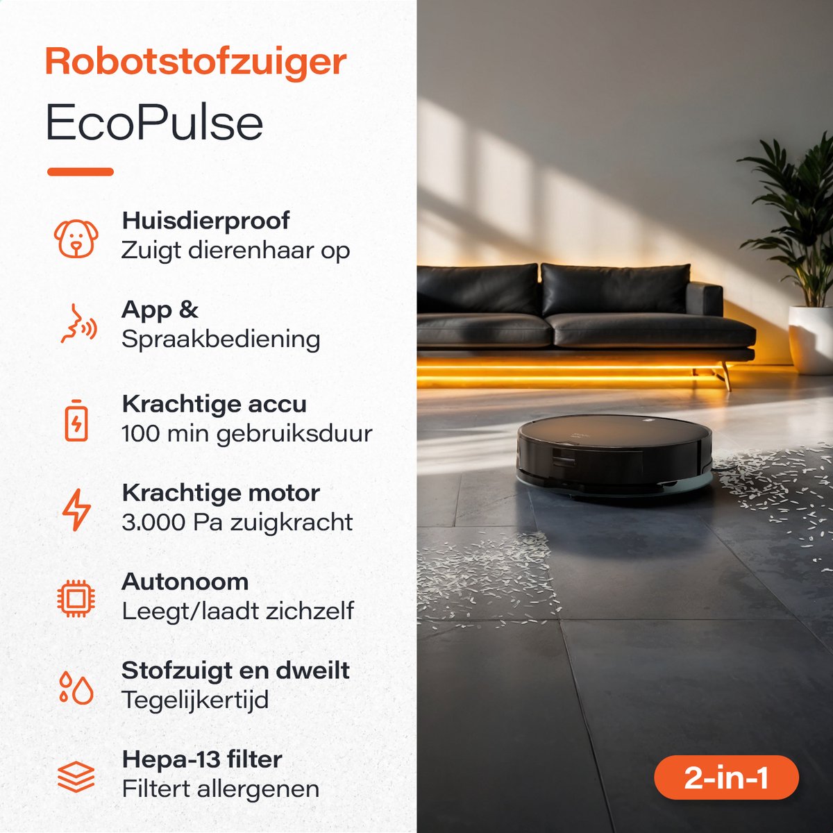Skoov Robotstofzuiger – Met Dweilfunctie, App-bediening & 2000 PA Zuigkracht – 30 x 30 x 9,7 cm – Zwart