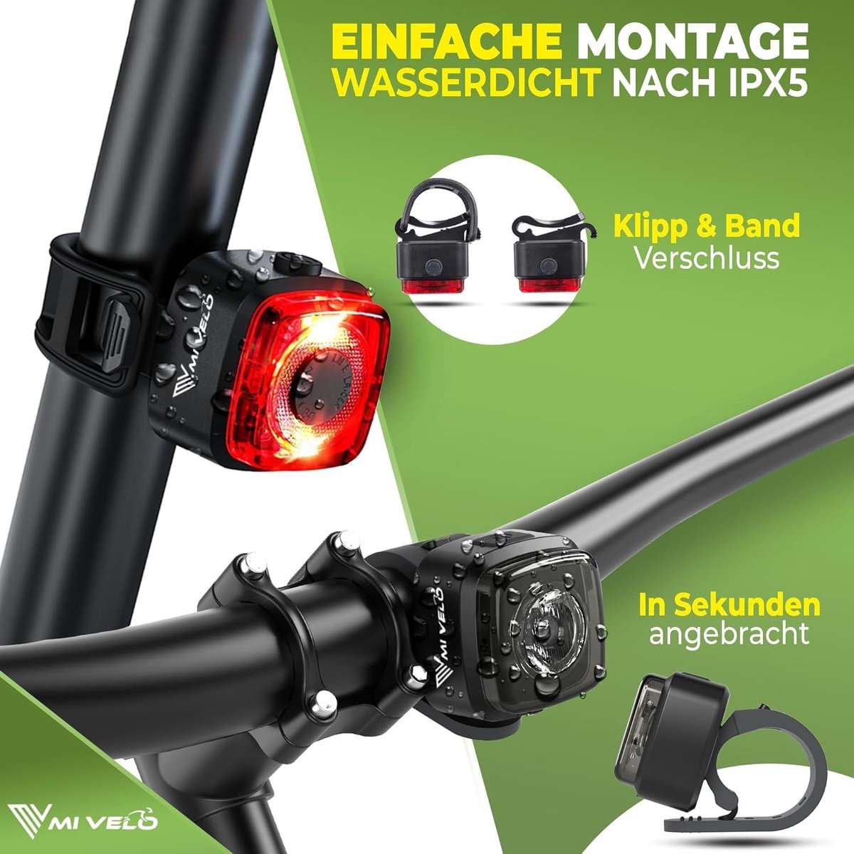 MIVELO Fietslampenset met remindicator - IPX5 waterdicht - Fietslamp voor & achter oplaadbaar via USB - Zwart