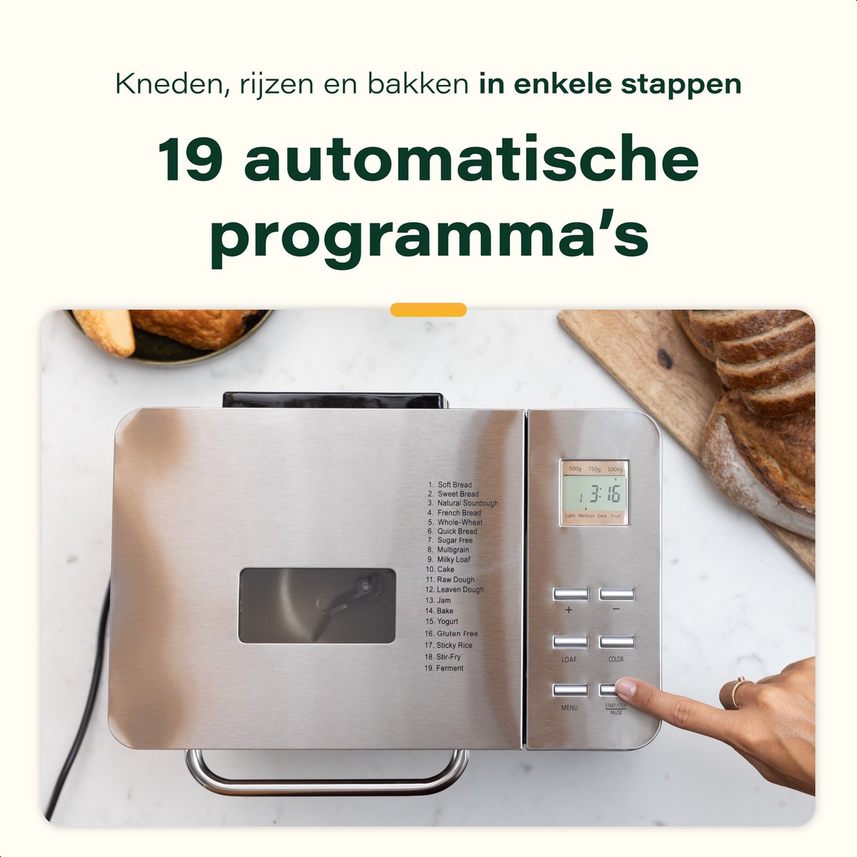 Skoov Bakemaster Broodbakmachine | RVS - Keramisch - 345x248x310 mm - 650W - 19 programma's - PFAS & Teflon vrij