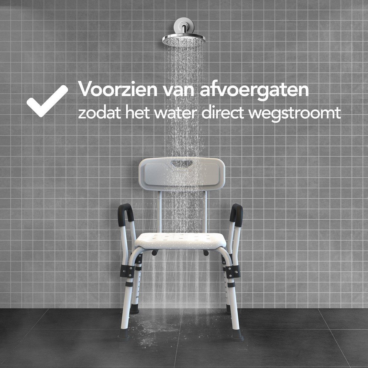 Brixy Douchestoel Wit 72-90 cm - Verstelbare Douchekruk met Afneembare Rug- en Armleuning, Anti-slip en Gevoerde Zitting, Max. 150 kg