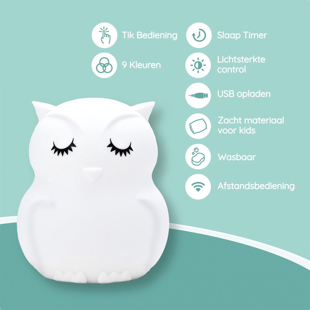 Sleepy Friends Kinder Nachtlampje Uiltje – Dimbaar Nachtlampje Baby & Kind – 8 Kleuren – USB Oplaadbaar – Touch & Afstandsbediening – 95 x 97 x 100 mm – 169g