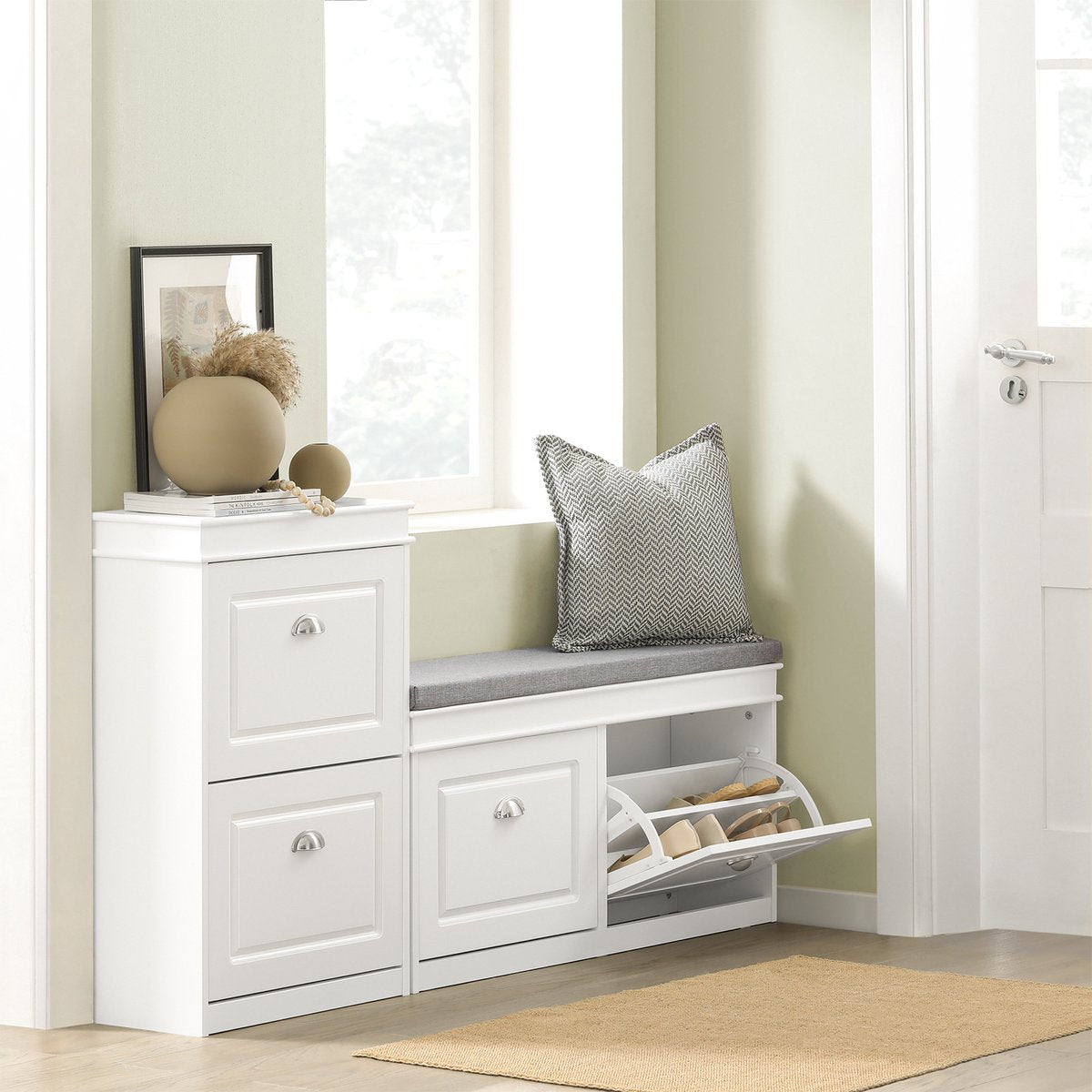 SoBuy Schoenenkast met 2 Kleppen en Zitkussen – Schoenenrek en Zitbank voor Hal of Entree – Wit – 104x52x24 cm