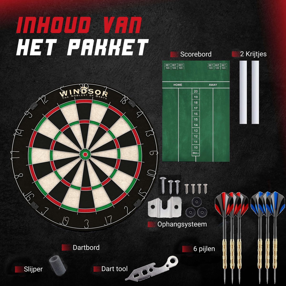 WINDSOR Dartbord - met Dartpijlen & Accessoires - Sisal - Dartboard - Knight 3