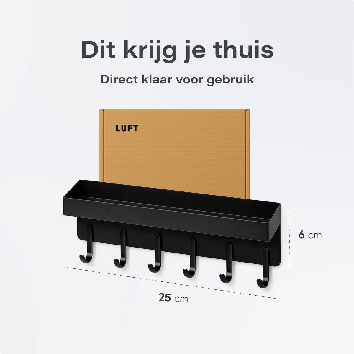Luft Sleutelhouder met Plank - 6 Haken - Kapstok - Organizer - Muur - Industrieel - Zwart