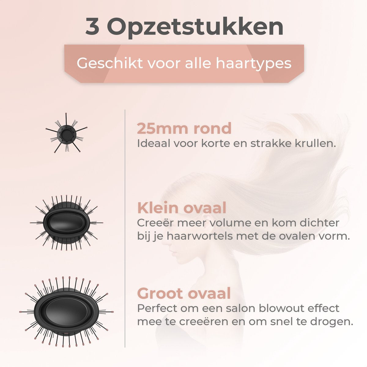 Flaire ROSÉ Föhnborstel met 3 Opzetstukken - Keramische Krulborstel - Ionisch - 1200W - Zwart