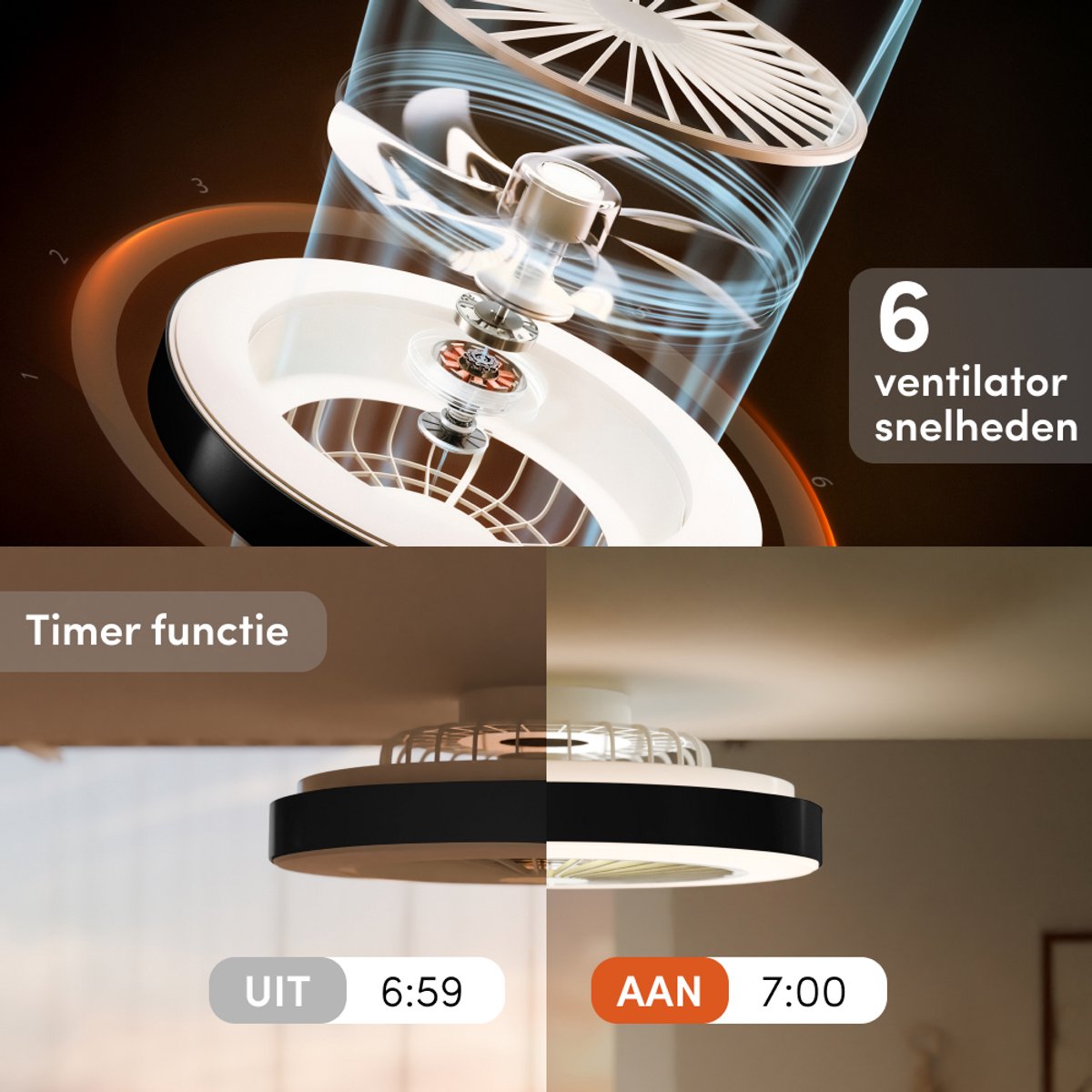Nolt Plafondventilator met Verlichting - Plafondlamp Ventilator - Plafonniere - LED RGBW - Tuya Wifi Smart - Afstandsbediening - ⌀ 50cm - Zwart