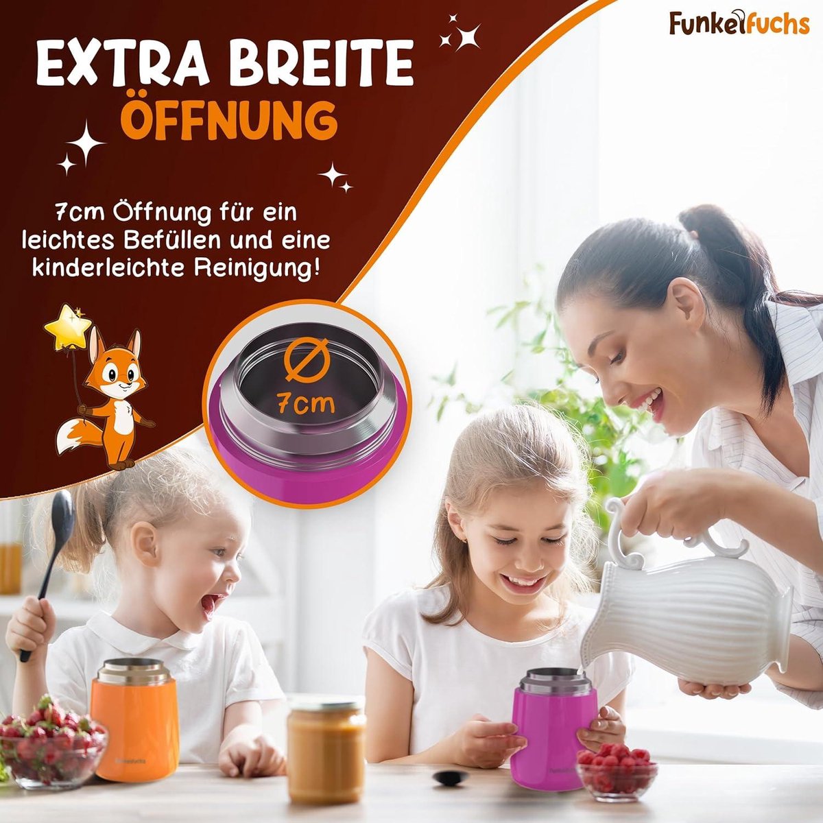 FUNKELFUCHS® Thermobeker voor kindervoeding - 500ml, roze eenhoorn - 100% lekvrij - Roestvrijstalen voedselwarmer - Thermo beker eten - Thermo lunchbox kinderen - Baby voedselwarmer