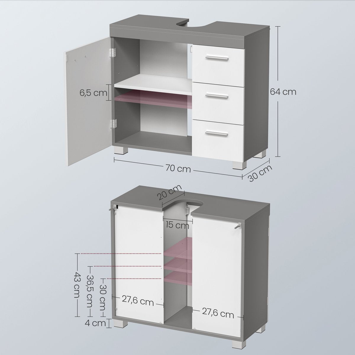 EUGAD wastafelonderkast - badkamerkast met 3 lades en 2 vakken - verstelbare plank - wit grijs - 60 x 60 x 30 cm