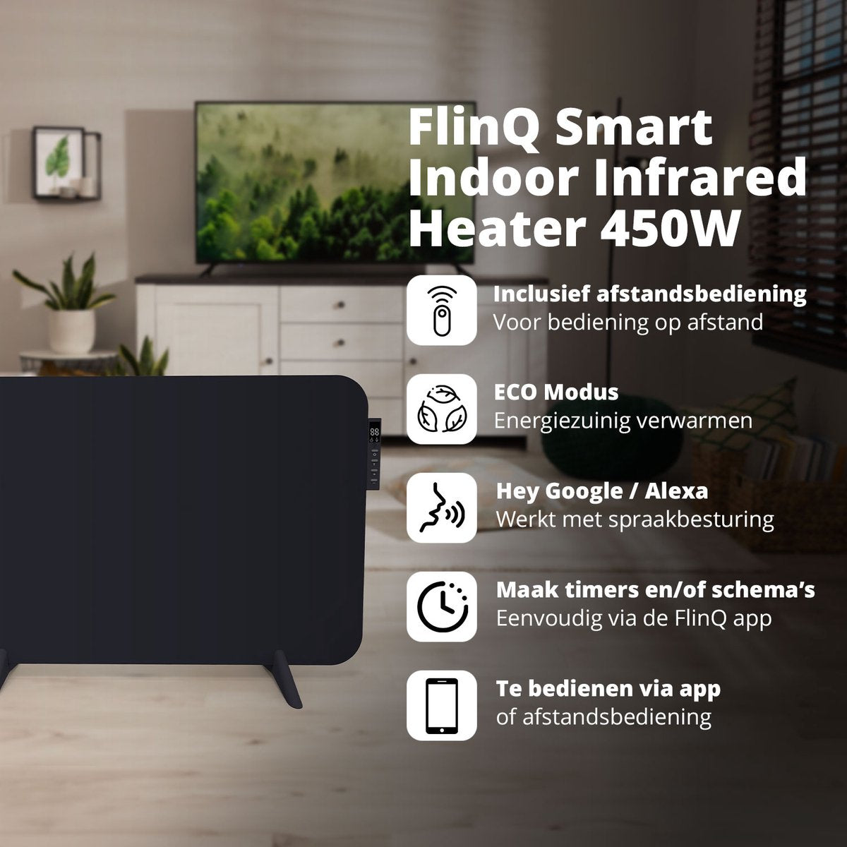 FlinQ Smart Verwarmingspaneel - Infrarood - Stil En Veilig - 450W - 12 m² - 72,5 x 2,8 x 47,5 cm - Zwart
