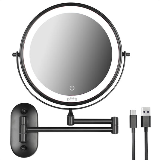 Goliving Make Up Spiegel Met LED Verlichting - Ø25 cm - 10x Vergroting - met USB-C oplaadpoort - Zwart