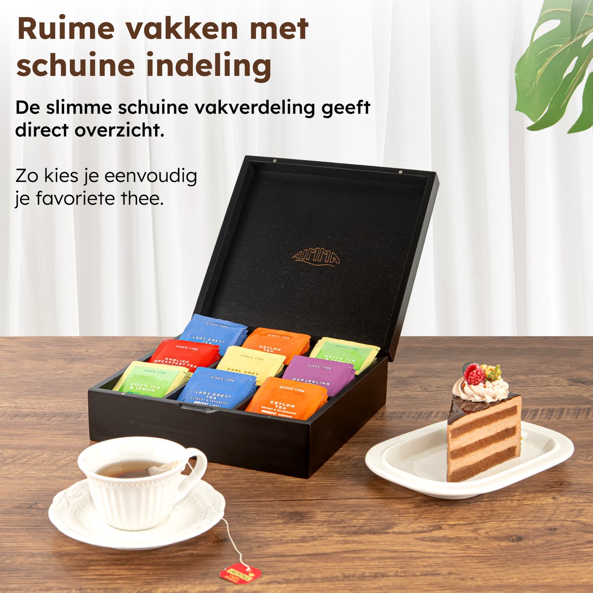 Nimma Theedoos – 9 Vaks – Zwart – FSC Hout – Met Magneetsluiting