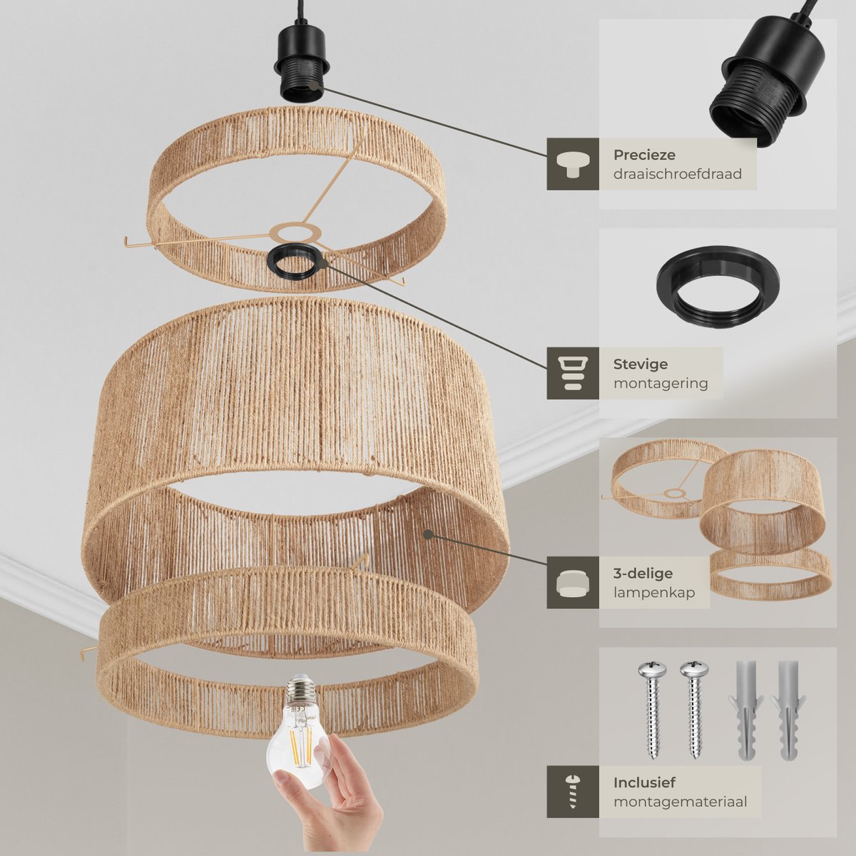 tectake® Plafondlamp Lignea Lux - Boho Hanglamp - Jute Natuur - Ø46 x 32 cm - 40W