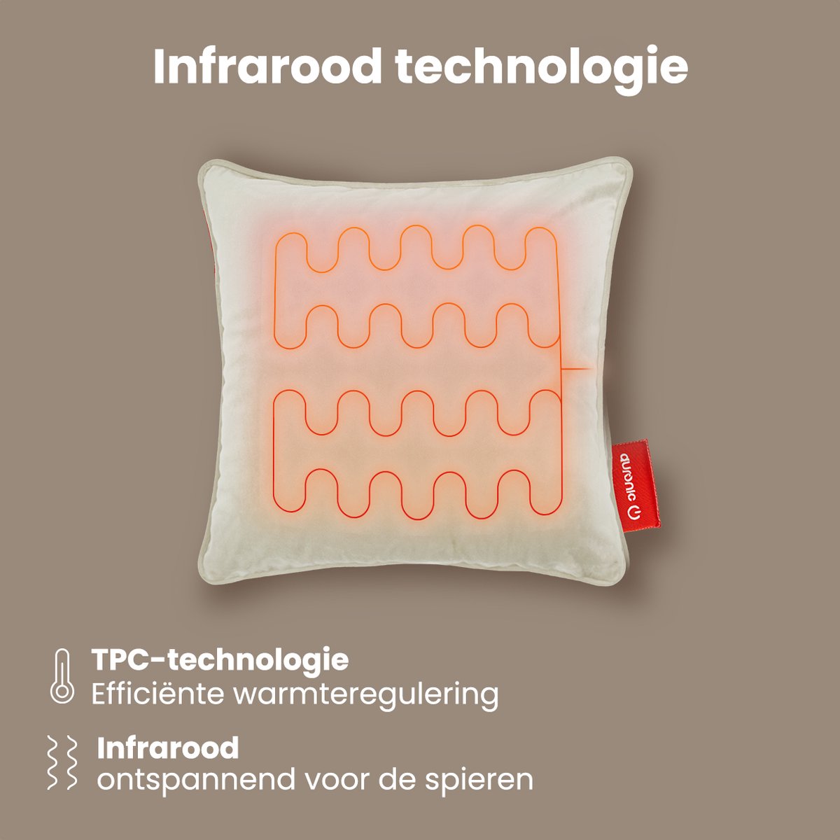 Auronic Draadloos Warmtekussen – Velvet 45x45 cm | Oplaadbaar & Elektrisch | Infrarood Verwarming | 3 Warmtestanden | Taupe
