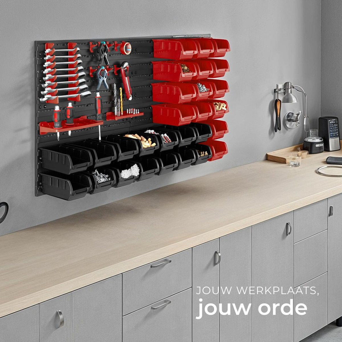 tectake werkplaats gereedschapswand - 96x17x54 cm - Zwart/Rood - 28 Opbergbakken & Wandhouders