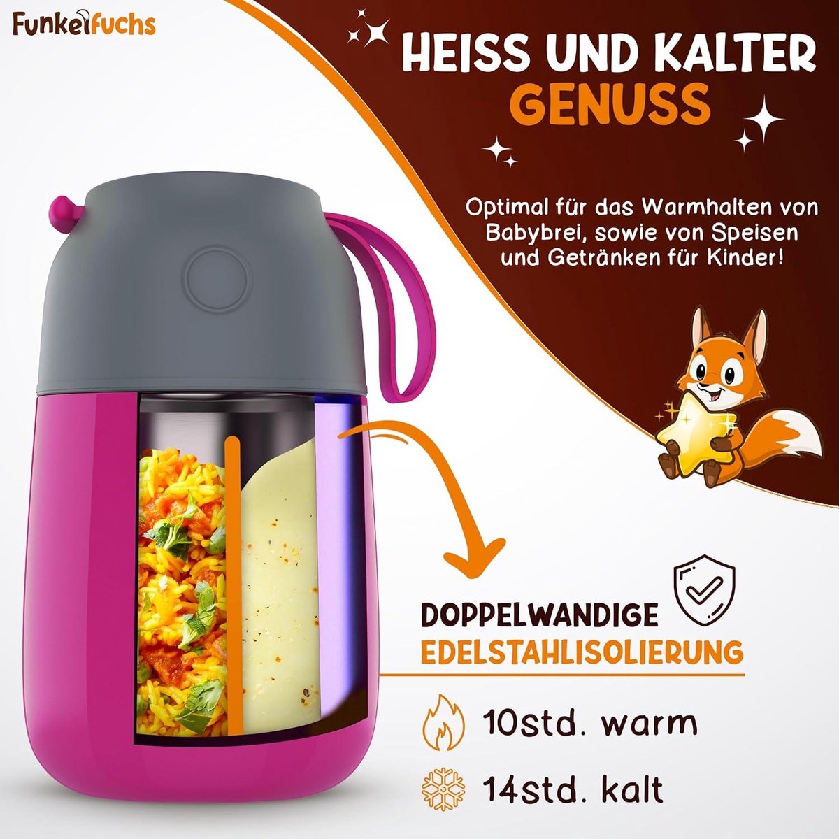 FUNKELFUCHS® Thermobeker voor kindervoeding - 500ml, roze eenhoorn - 100% lekvrij - Roestvrijstalen voedselwarmer - Thermo beker eten - Thermo lunchbox kinderen - Baby voedselwarmer