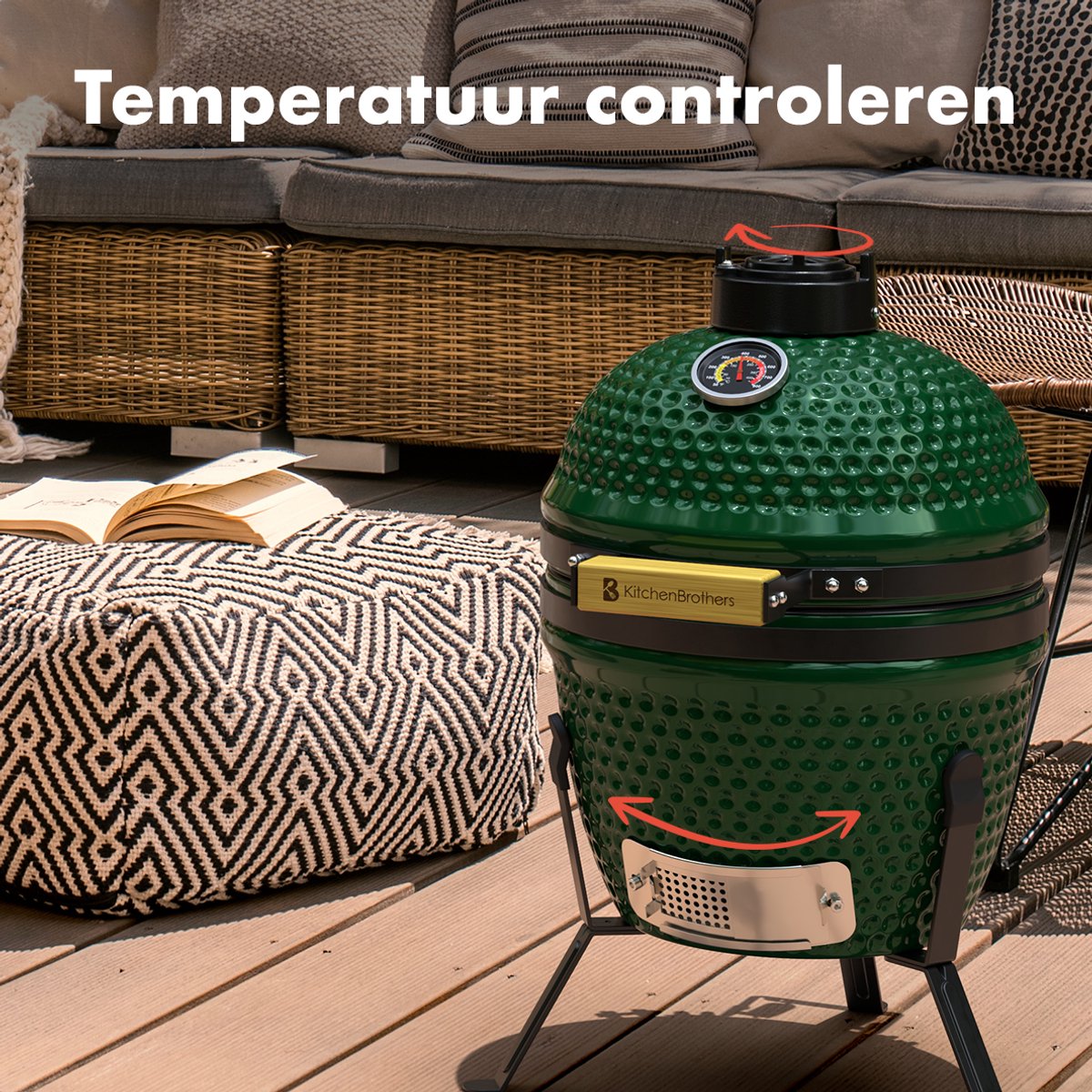 KitchenBrothers Kamado BBQ - 27 cm - Keramische Houtskool barbecue - tot 1000°C