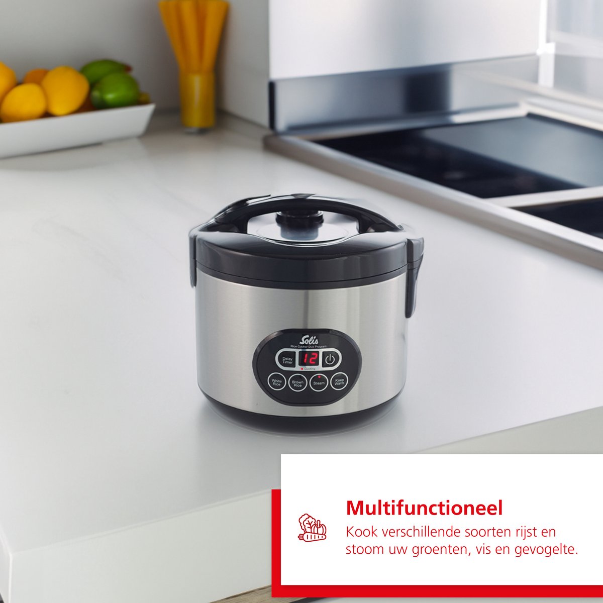 Solis Rice Cooker Duo Programm 817 Rice Cooker met Stomer - Rijstkoker en Stoomkoker - Stoompan - 23 x 23 x 24 cm - Zilver