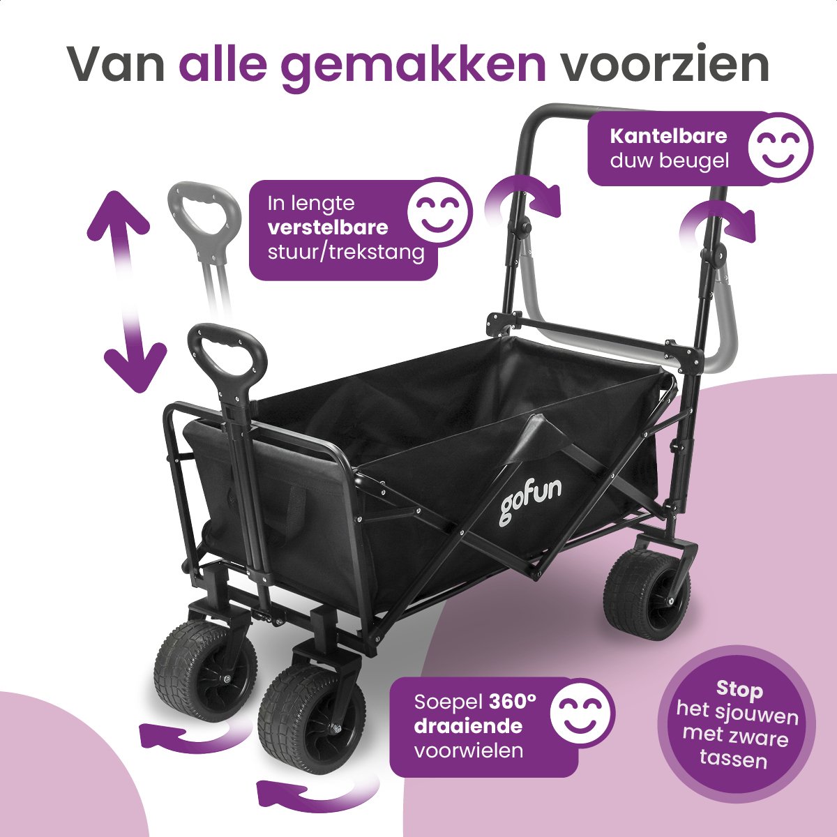 Gofun - Bolderkar & Bolderwagen - 150 kg Draagvermogen - Opvouwbaar Met 360 Graden Draaibare Wielen - 83 x 44 x 26 cm - Metaal & Polyester - Zwart