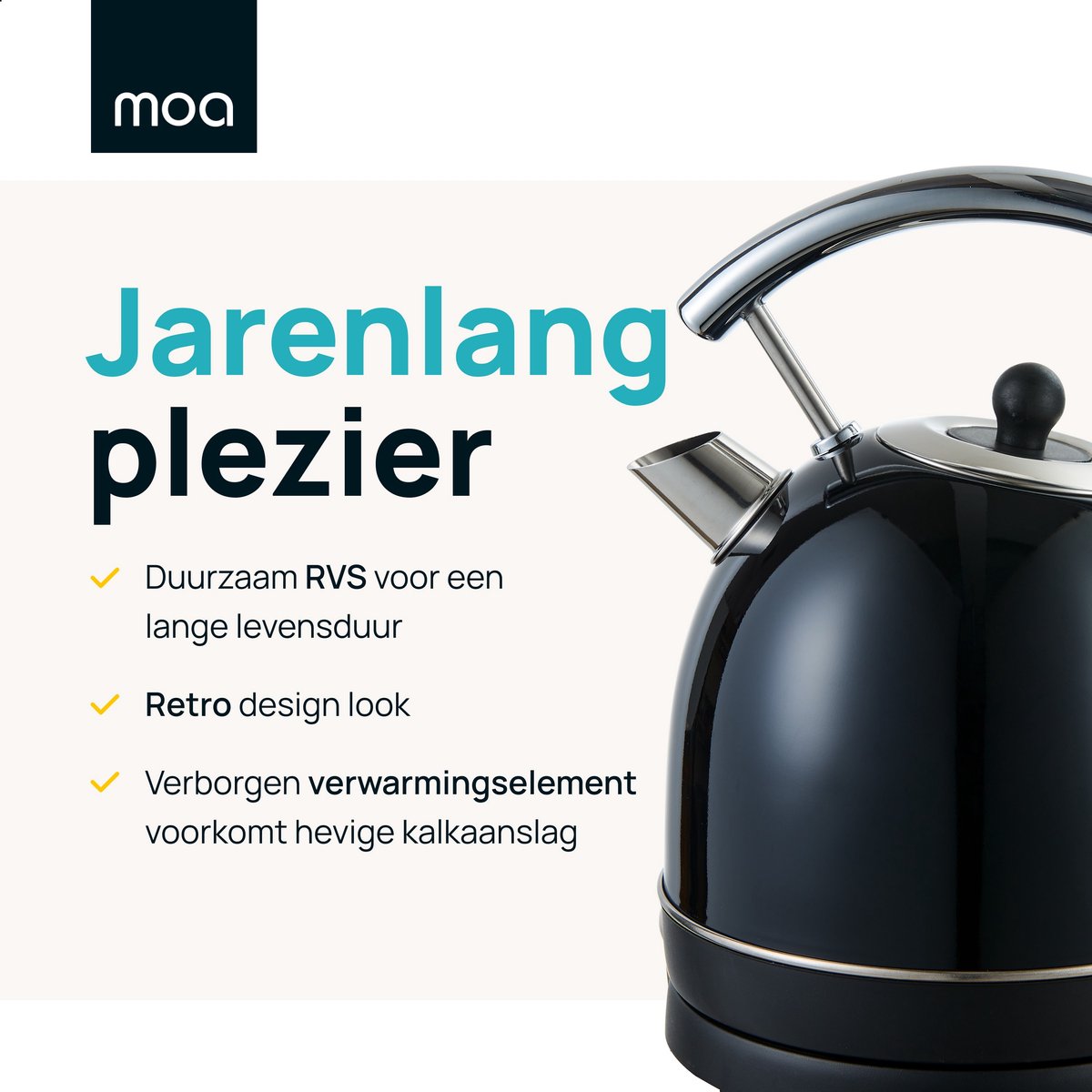 MOA® Retro Waterkoker – 1,8 Liter – RVS – Met Thermometer & Anti-Kalkfilter – 2200W – Zwart
