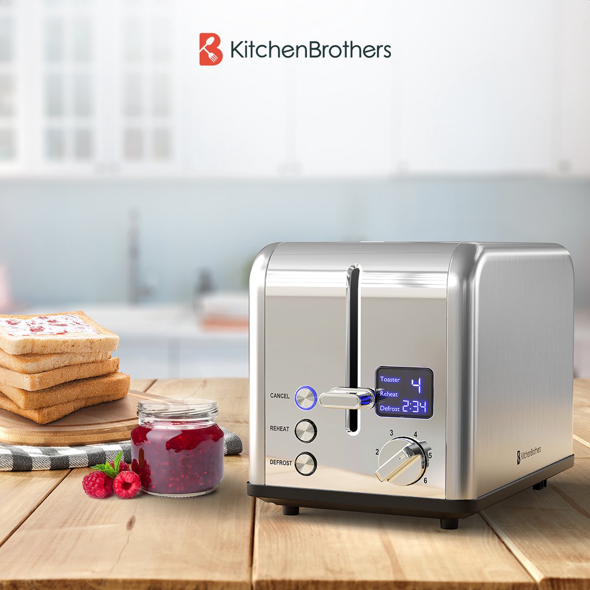 KitchenBrothers Broodrooster - Toaster - 6 Warmteniveaus - 2 Extra Brede Sleuven - 815W - RVS/Zilver