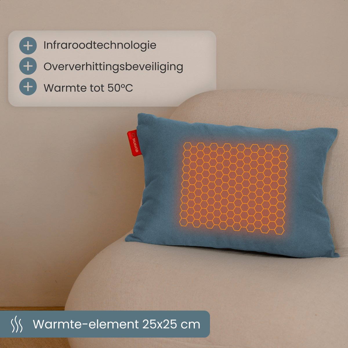 Auronic – Infrared Heating Pillow Classic – 45 x 60 cm – Voorzien Van 10.000 mAh Batterij En 3 Warmtestanden En 2.5 Meter Kabel – Voor Binnen En Buiten – Blauwgrijs Textiel