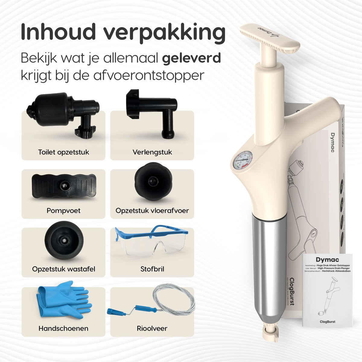 Dymac - Afvoerontstopper - Hogedruk toilet-/gootsteenontstopper - incl. afvoerveer, handschoenen en veiligheidsbril - roestvrij staal