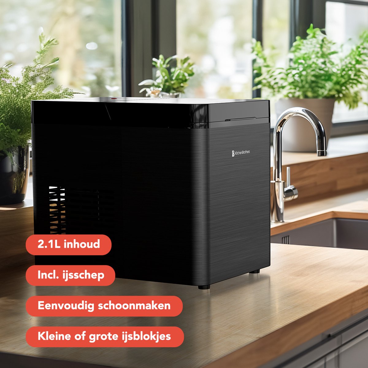 KitchenBrothers IJsblokjesmachine - 2.1L - Zeilfreinigingsfunctie - 15kg/24uur - Zwart