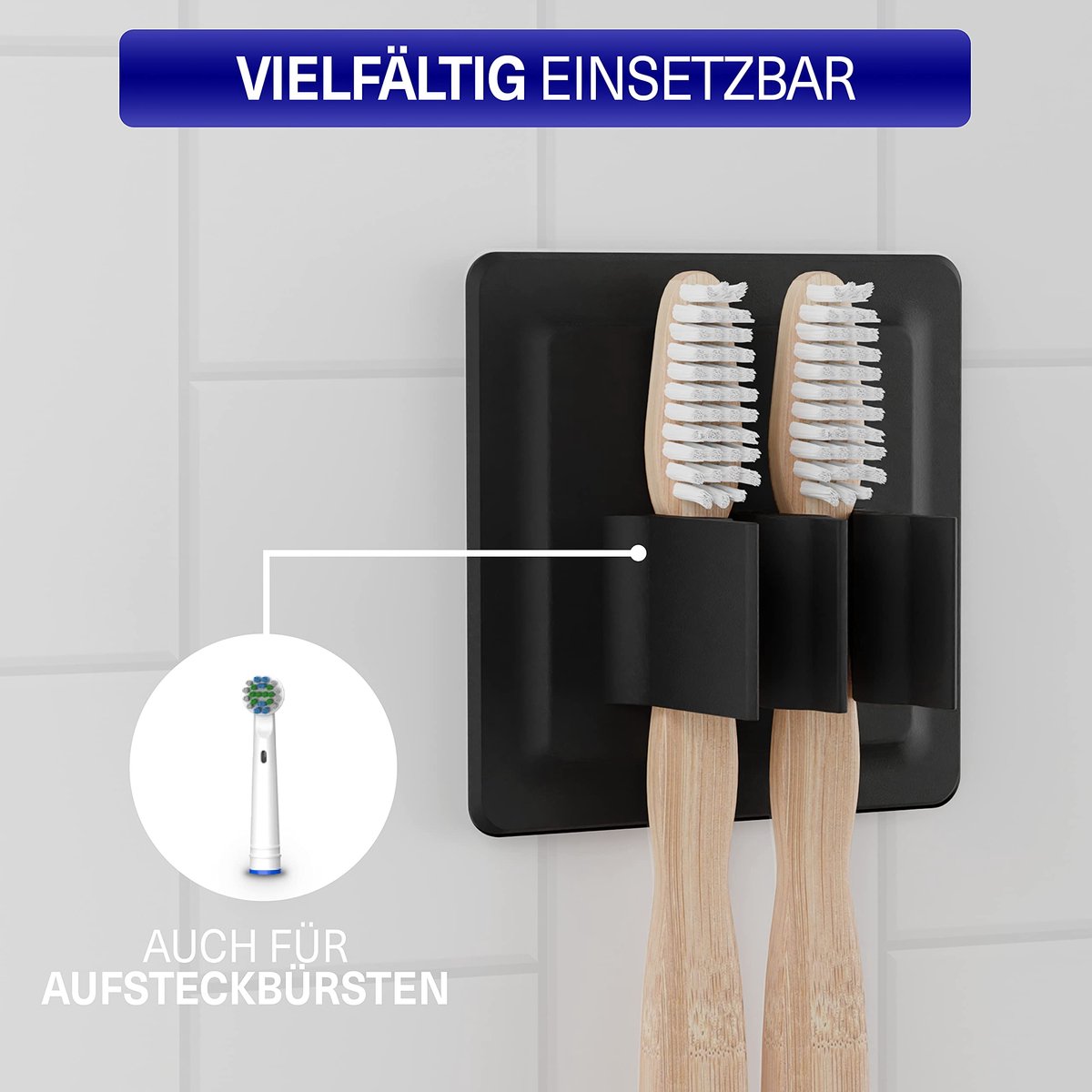 LOBUX® - zelfklevende tandenborstelhouder, super stevig [soft-touch silicone] - opzetborstel voor elektrische tandenborstels - voor badkamer, spiegel, douche, muur (zwart)