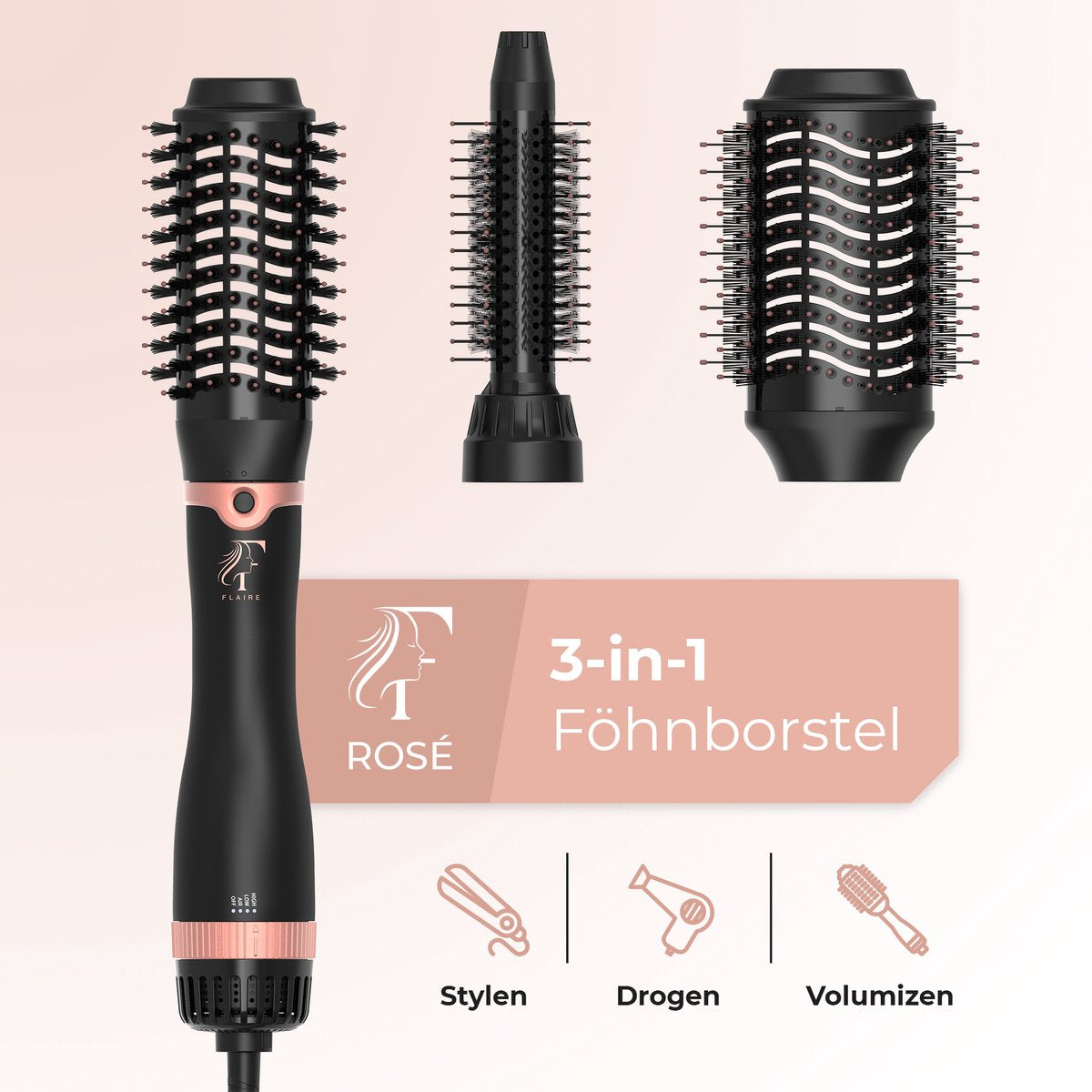 Flaire ROSÉ Föhnborstel met 3 Opzetstukken - Keramische Krulborstel - Ionisch - 1200W - Zwart