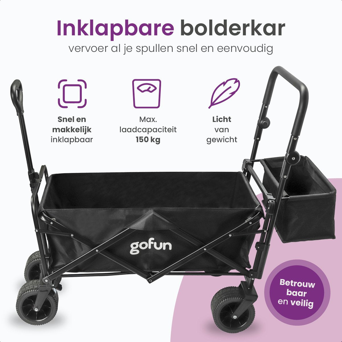 Gofun - Bolderkar & Bolderwagen - 150 kg Draagvermogen - Opvouwbaar Met 360 Graden Draaibare Wielen - 83 x 44 x 26 cm - Metaal & Polyester - Zwart