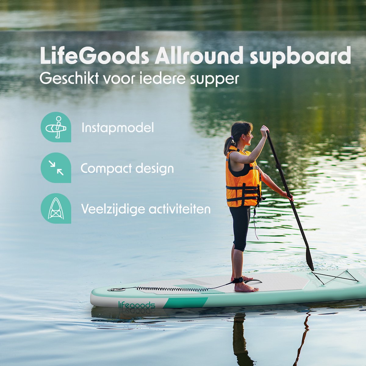 LifeGoods SUP Board - Allround Compact - 100 KG Draagkracht - Opblaasbaar - Compleet SUP pakket - Pastelgroen