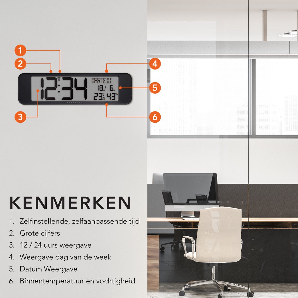 Marathon Vancouver Radiogestuurde Kalenderklok – Zwart – 36,8 x 23,5 cm – Ultrawide Display met Grote Cijfers