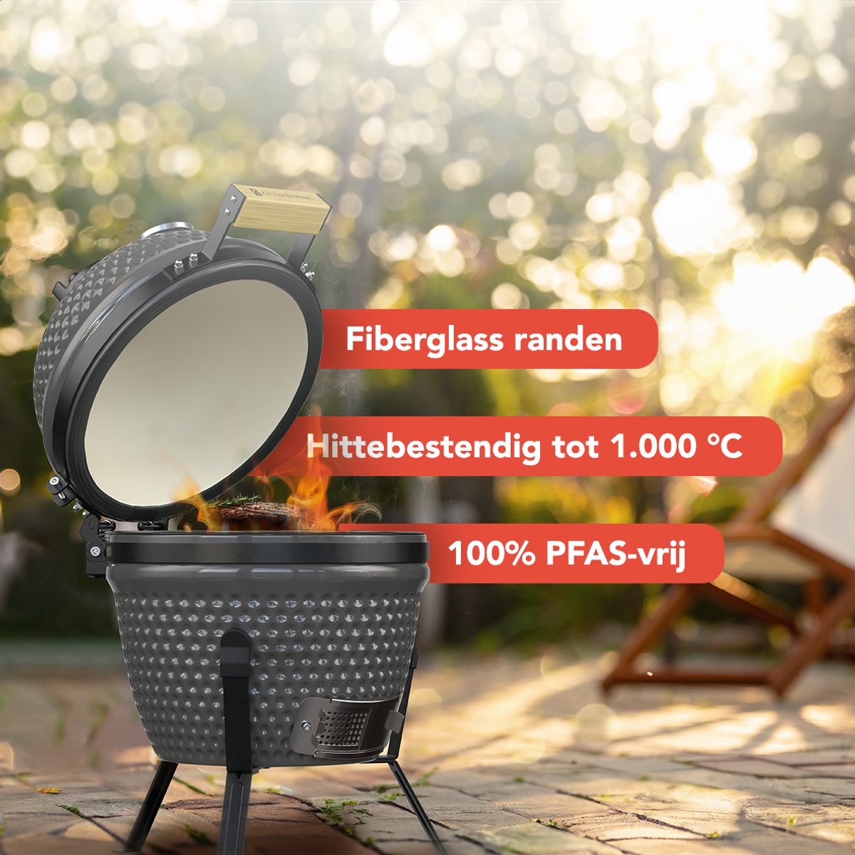 KitchenBrothers – Kamado BBQ 13 Inch Houtskool Barbecue – 27 cm – Voorzien Van Mulliet Keramiek En Stevige Standaard En Thermometer – Voor Tuin En Balkon – Grijs Keramiek En Metaal