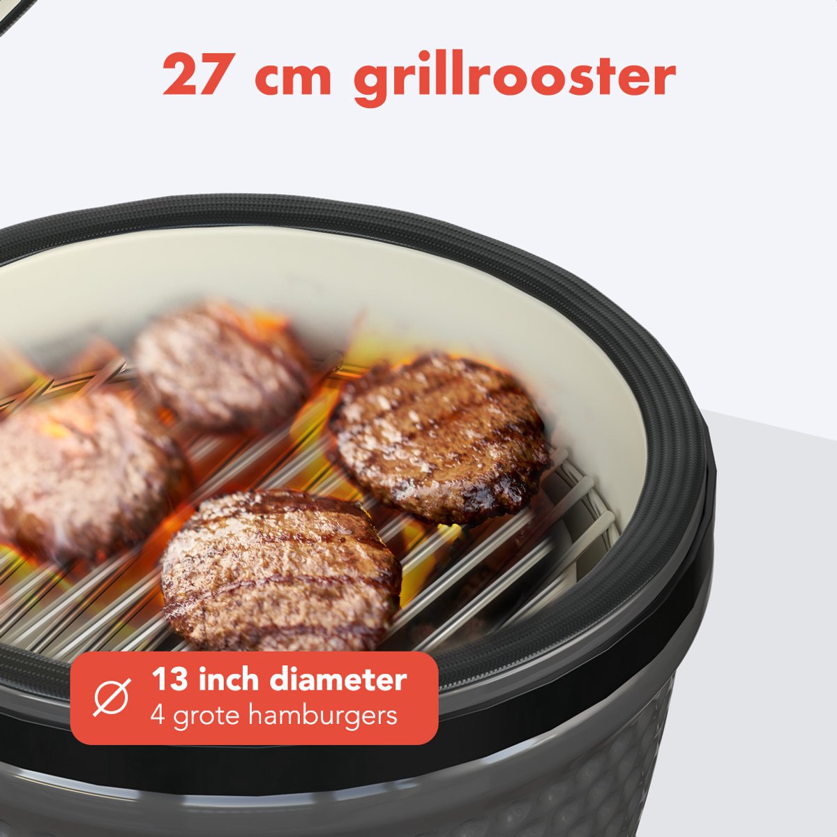 KitchenBrothers – Kamado BBQ 13 Inch Houtskool Barbecue – 27 cm – Voorzien Van Mulliet Keramiek En Stevige Standaard En Thermometer – Voor Tuin En Balkon – Grijs Keramiek En Metaal