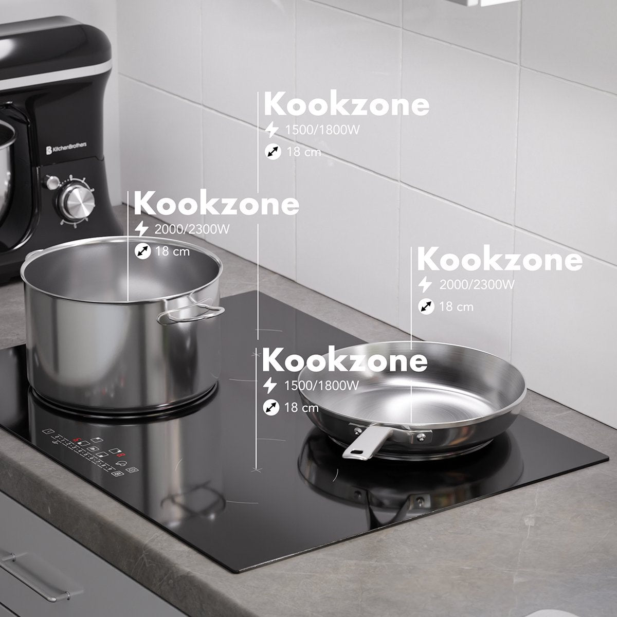 KitchenBrothers Inductiekookplaat – 4 Zones & Boostfunctie – 2300 W – 70 x 51 x 6,3 cm – Zwart