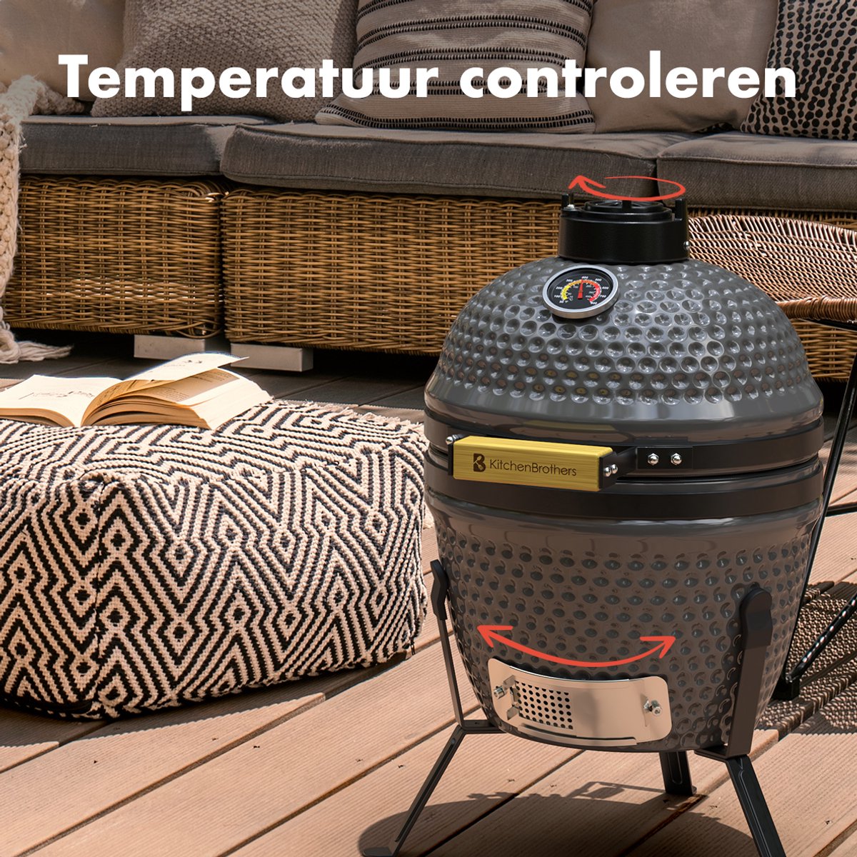 KitchenBrothers – Kamado BBQ 13 Inch Houtskool Barbecue – 27 cm – Voorzien Van Mulliet Keramiek En Stevige Standaard En Thermometer – Voor Tuin En Balkon – Grijs Keramiek En Metaal