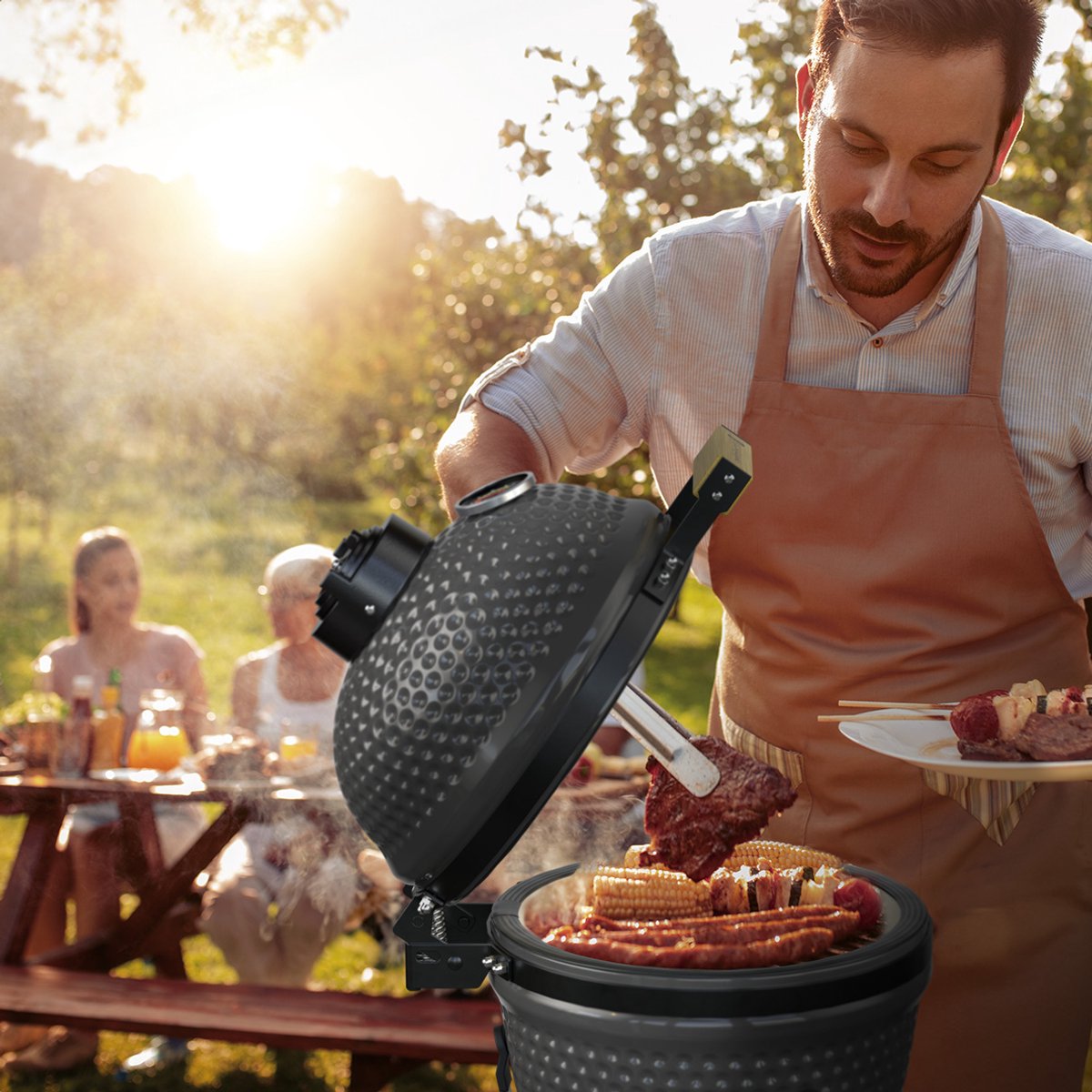 KitchenBrothers – Kamado BBQ 13 Inch Houtskool Barbecue – 27 cm – Voorzien Van Mulliet Keramiek En Stevige Standaard En Thermometer – Voor Tuin En Balkon – Grijs Keramiek En Metaal