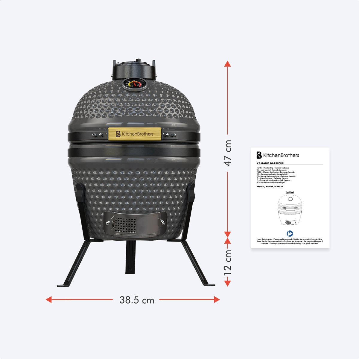 KitchenBrothers – Kamado BBQ 13 Inch Houtskool Barbecue – 27 cm – Voorzien Van Mulliet Keramiek En Stevige Standaard En Thermometer – Voor Tuin En Balkon – Grijs Keramiek En Metaal