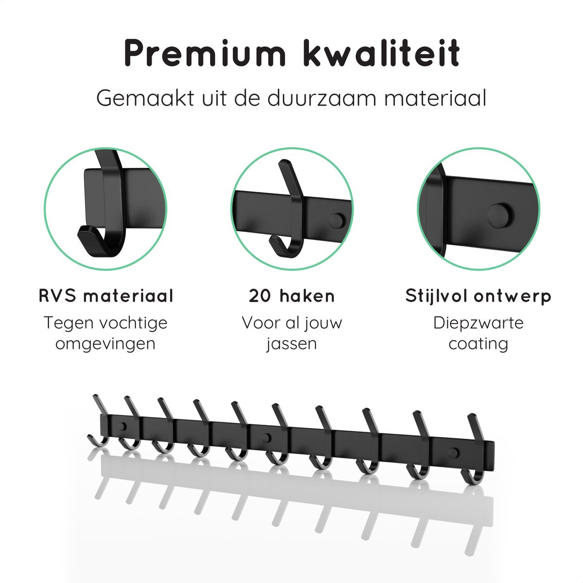 Volcan Wandkapstok - 20 Haken - RVS - Muur Kapstok Hangend - Industrieel - 3M Tape - Zwart