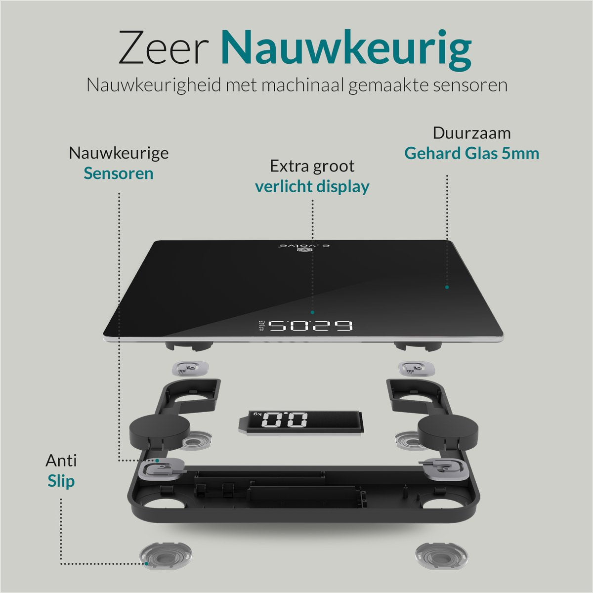 E-volve - Personenweegschaal Digitaal - Inclusief Batterijen - Gehard Glas - LCD Display - Tot 180 kg - Nauwkeurige Meting - Zwart