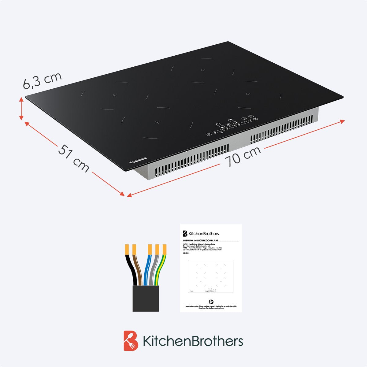 KitchenBrothers Inductiekookplaat – 4 Zones & Boostfunctie – 2300 W – 70 x 51 x 6,3 cm – Zwart