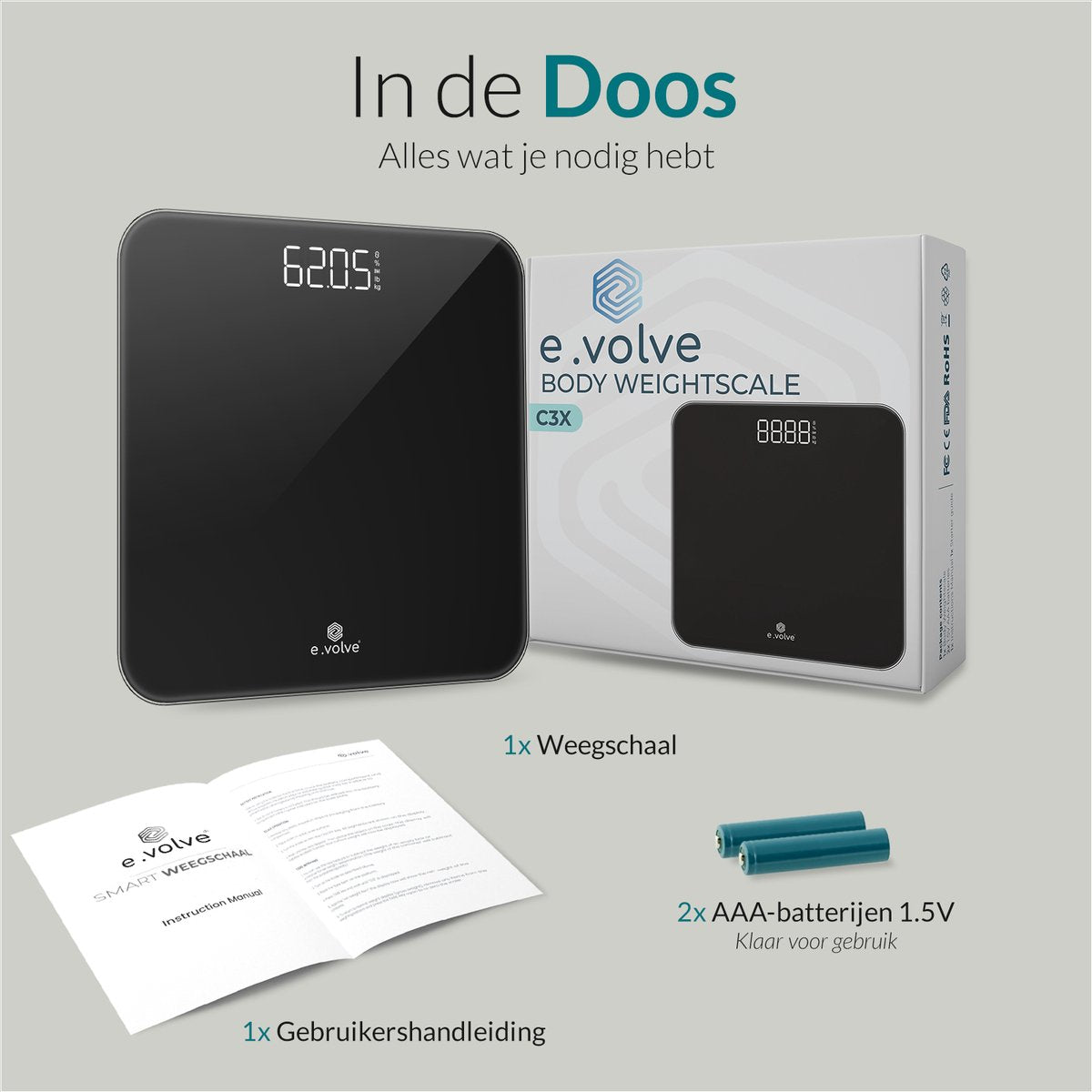 E-volve - Personenweegschaal Digitaal - Inclusief Batterijen - Gehard Glas - LCD Display - Tot 180 kg - Nauwkeurige Meting - Zwart