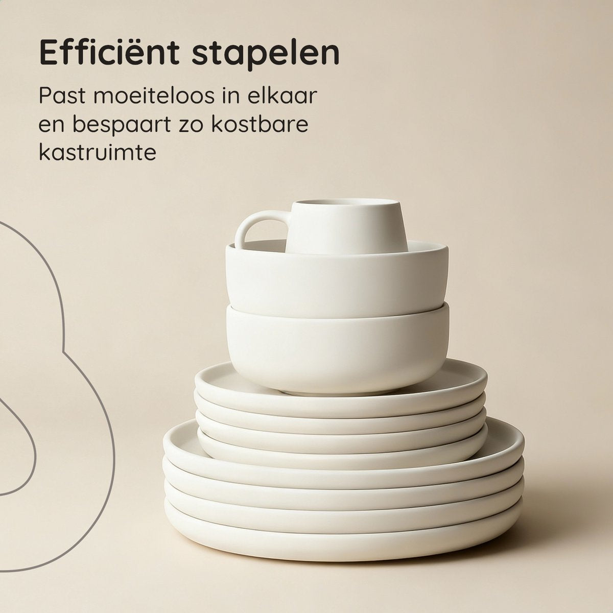 Deleca Serviesset 6 Persoons Kyoto - Koffiekopjes met oor / Schaaltjes / Grote Borden en Kleine Bordenset - Japandi stijl - Massief Aardewerk - Crème Wit / 24-delig