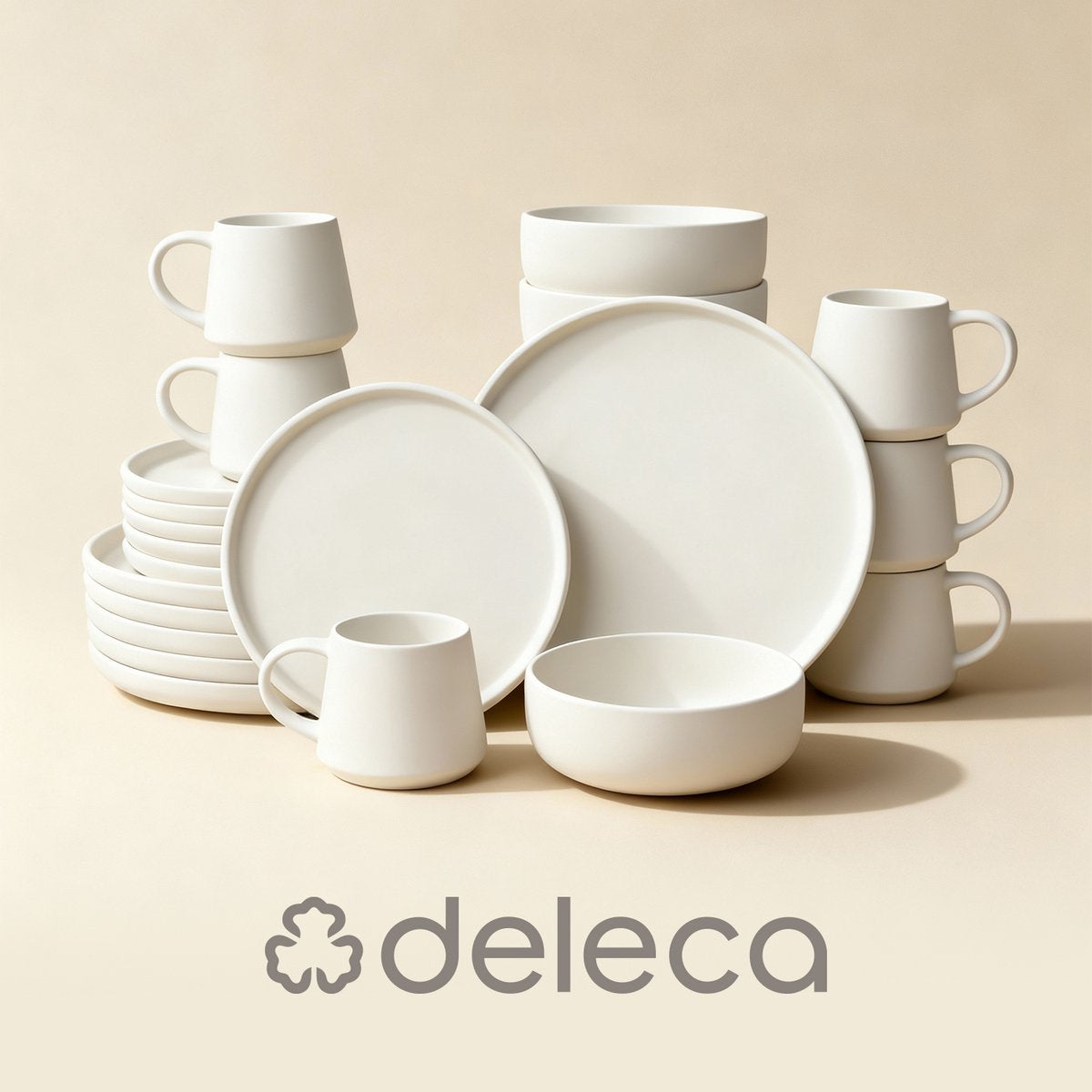 Deleca Serviesset 6 Persoons Kyoto - Koffiekopjes met oor / Schaaltjes / Grote Borden en Kleine Bordenset - Japandi stijl - Massief Aardewerk - Crème Wit / 24-delig