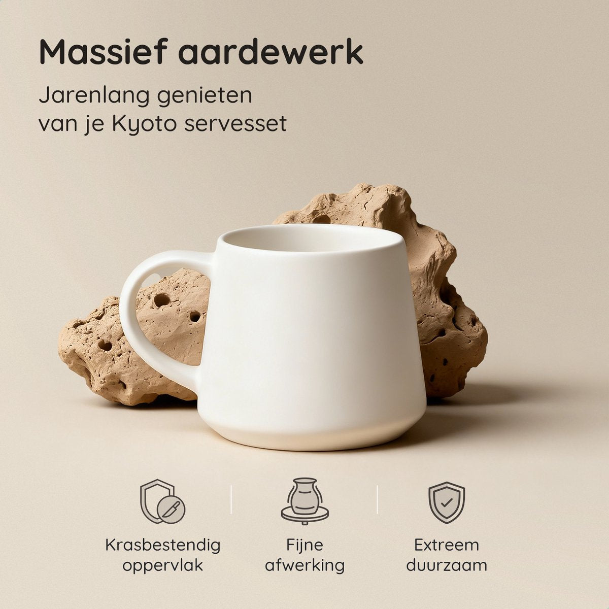 Deleca Serviesset 6 Persoons Kyoto - Koffiekopjes met oor / Schaaltjes / Grote Borden en Kleine Bordenset - Japandi stijl - Massief Aardewerk - Crème Wit / 24-delig
