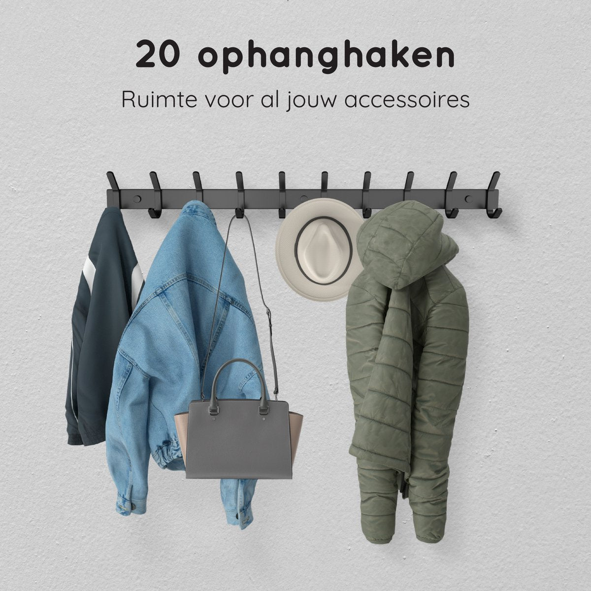 Volcan Wandkapstok - 20 Haken - RVS - Muur Kapstok Hangend - Industrieel - 3M Tape - Zwart